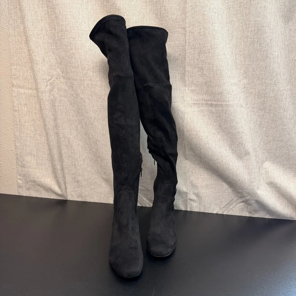 Liz Claiborne Over The Knee‎ Boots Women's 7.5M Black Suede Block Heels Timeless